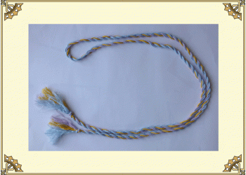 Пояс, ручное плетение «жгут» (голубой-фиолетовый-желтый) 